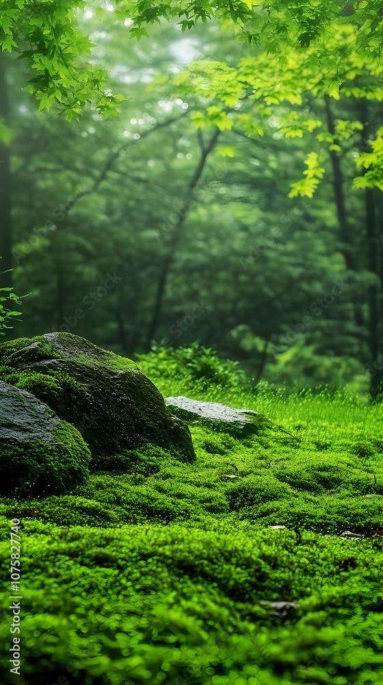Lush green moss covering forest floor with large rocks. Lush green moss covering forest floor with large rocks.