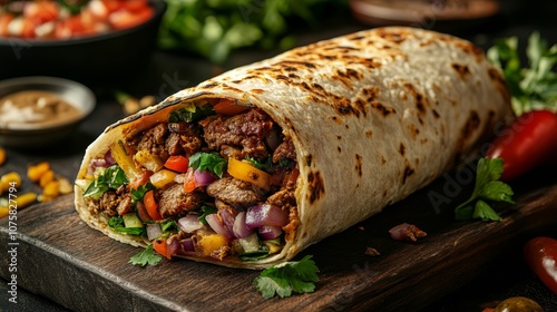 Close up shawarma in wooden tray in table, Grilled pita wrapping chicken meat and fresh vegetables with sauce. healthy food.