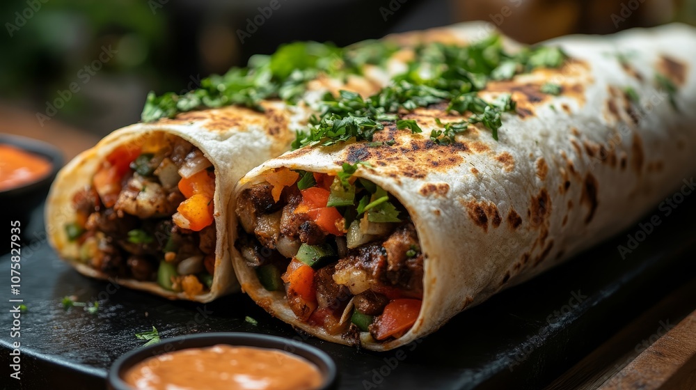 Close up shawarma in wooden tray in table, Grilled pita wrapping chicken meat and fresh vegetables with sauce. healthy food. Close up shawarma in wooden tray in table, Grilled pita wrapping chicken meat and fresh vegetables with sauce. healthy food.
