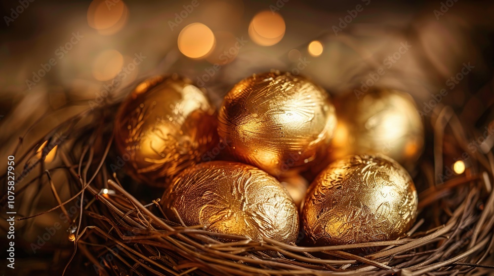 Golden easter eggs in nest on bokeh lights background. Business. Golden easter eggs in nest on bokeh lights background. Business.