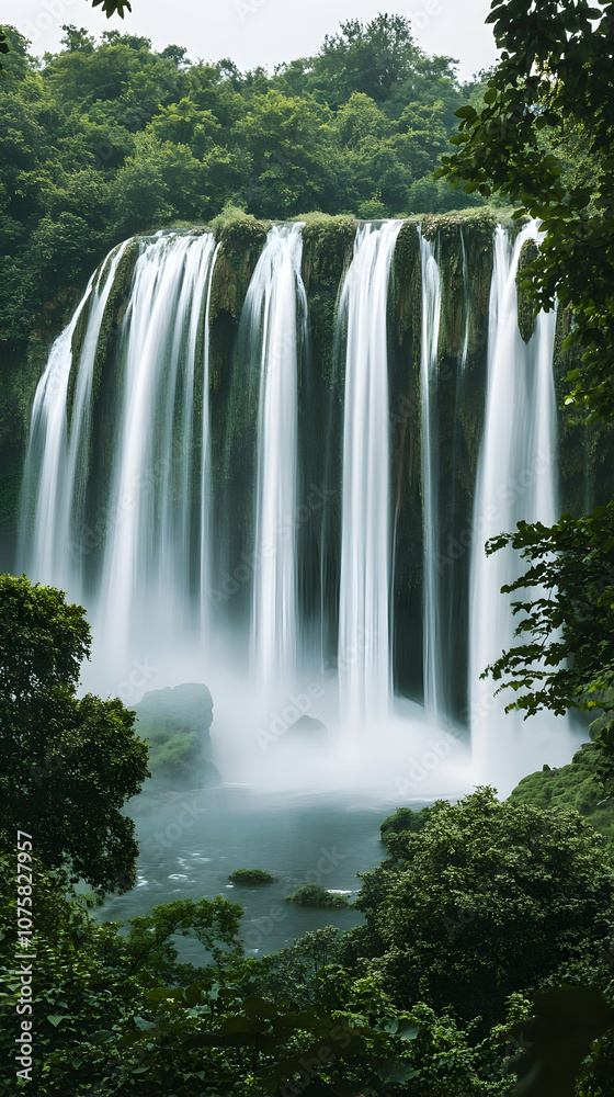 Naklejka premium Majestic waterfall cascading down a rocky cliff, surrounded by lush greenery. (1)