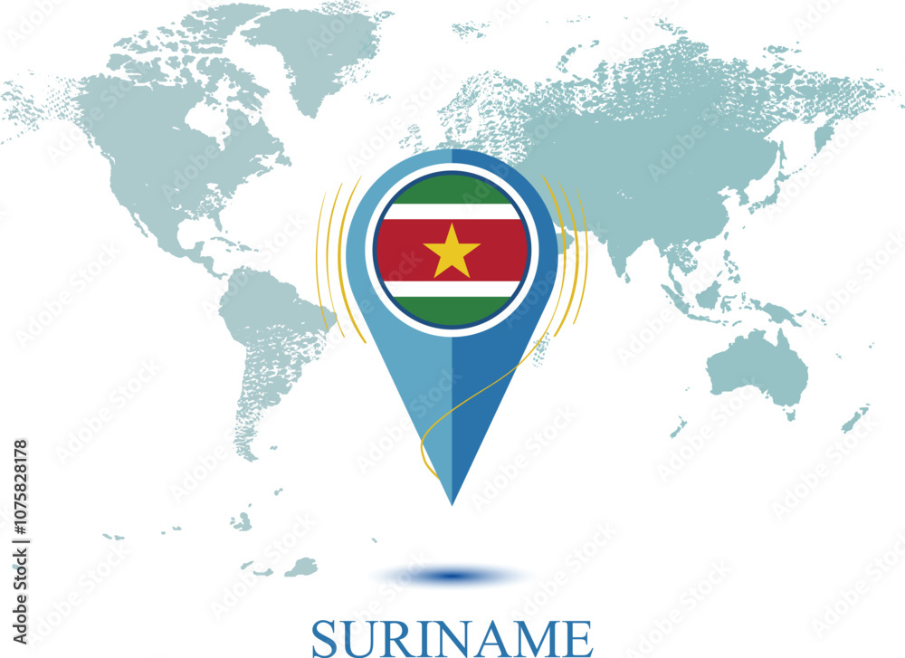 Naklejka premium map with magnified SURINAME, map of my current position, map pointer icon isolated on white background SURINAME state flag. map vector illustration, Map pin SURINAME flag.eps