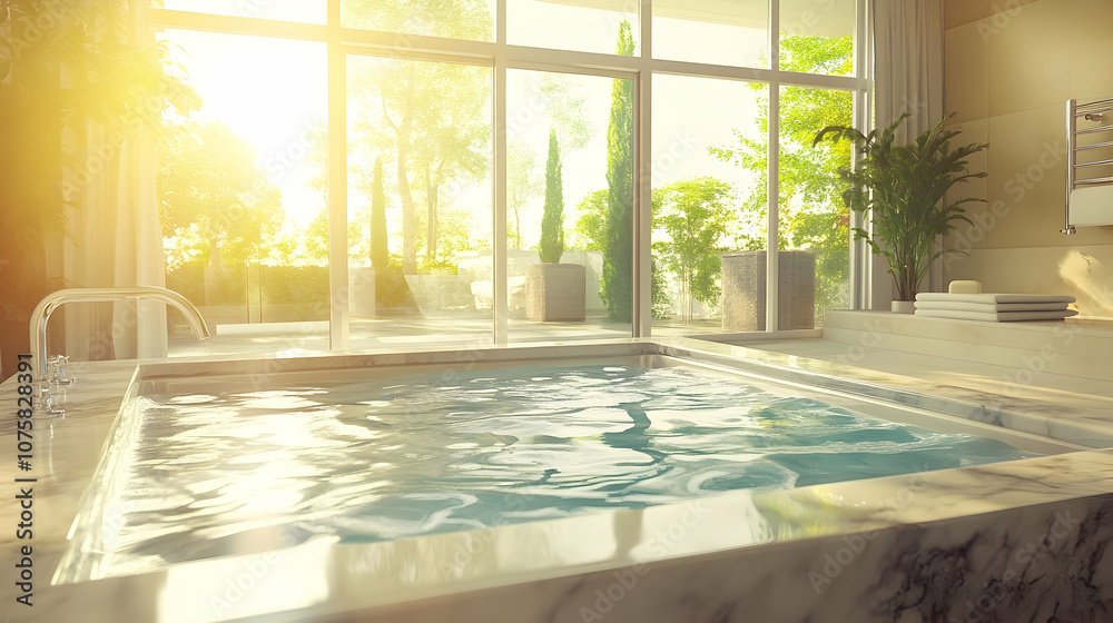 Fototapeta premium Modern bathroom with a jacuzzi and large windows overlooking a garden, bathed in sunlight.
