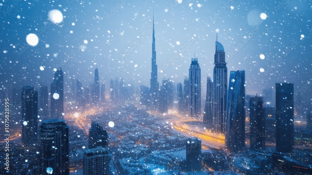 Obraz premium Snow falling gently over Dubai's futuristic skyline,