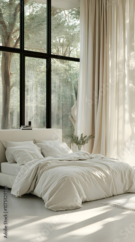 Modern bedroom with large window overlooking a garden, featuring a plush white bed with crisp white linens.