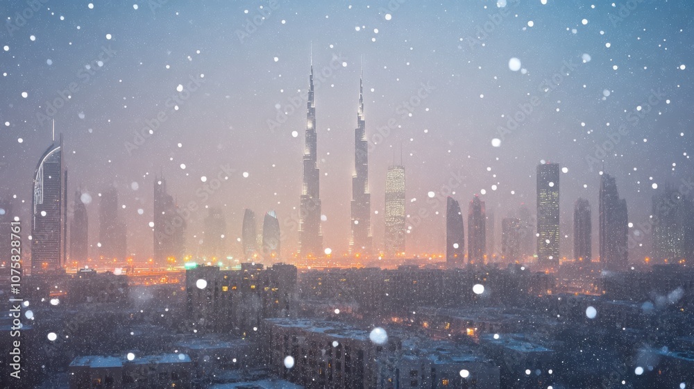 Snow gently falling over the skyline of Dubai, with the Snow gently falling over the skyline of Dubai, with the