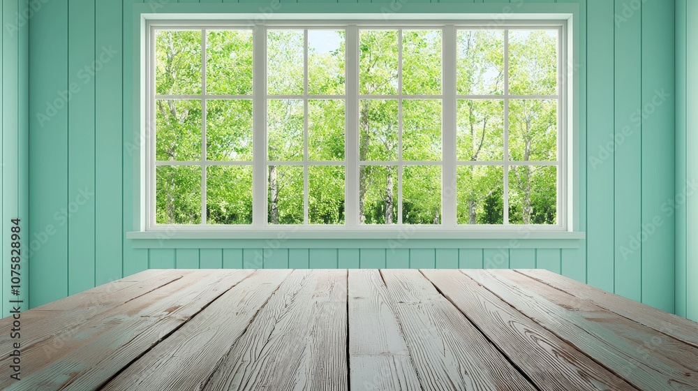 Rustic Wooden Tabletop with Window View of Lush Greenery Rustic Wooden Tabletop with Window View of Lush Greenery