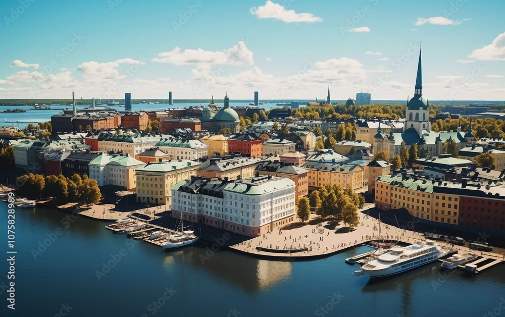 Fototapeta premium Aerial view of a vibrant cityscape by the water, showcasing colorful buildings and a church spire.