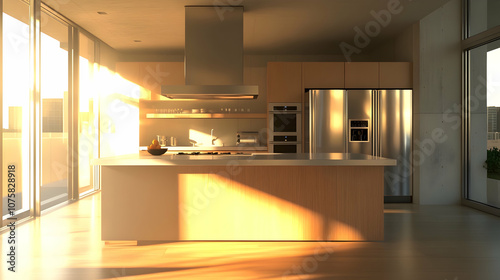 Modern kitchen with island and stainless steel appliances bathed in golden sunlight.