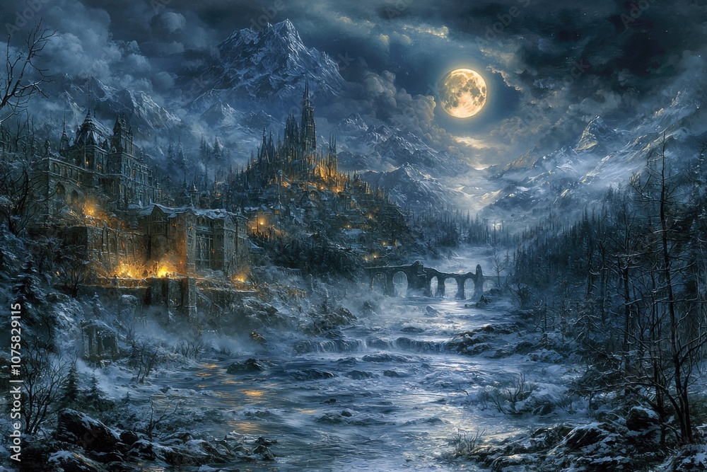 Fototapeta premium Enchanting Winter Night Medieval Castle Moonlit Mountains River