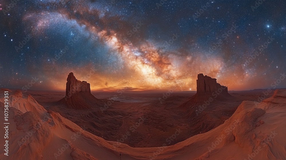 Obraz premium The Milky Way arches over a desert landscape with towering rock formations.