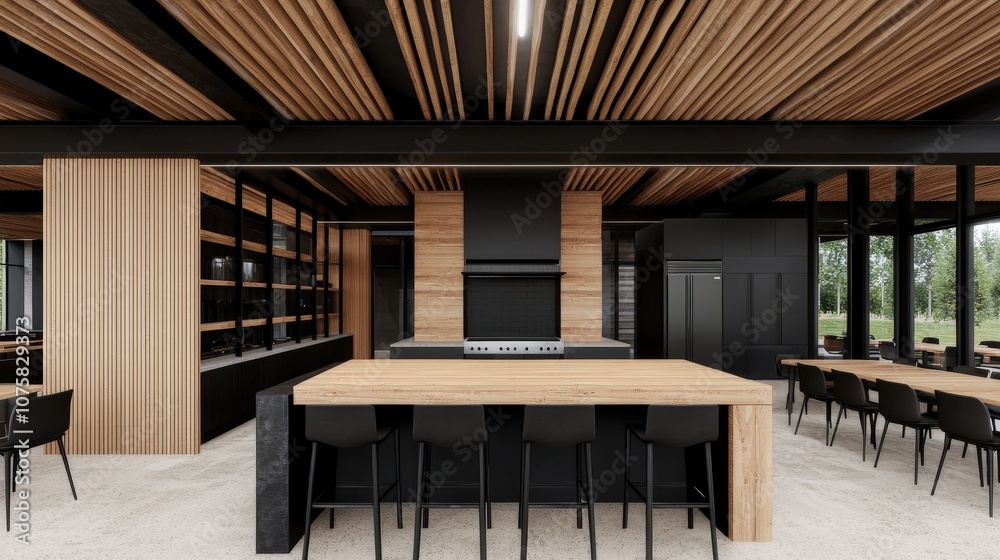 Modern Kitchen Interior Design with Wooden Cabinets and Bar Stools Modern Kitchen Interior Design with Wooden Cabinets and Bar Stools