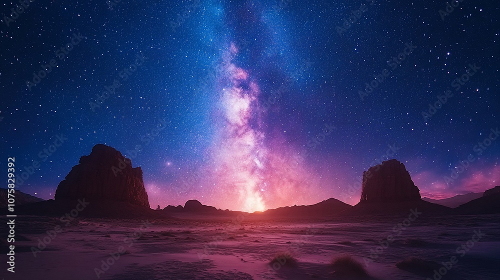 The Milky Way rises above a desert landscape, illuminating the night sky with its vibrant colors. The Milky Way rises above a desert landscape, illuminating the night sky with its vibrant colors.