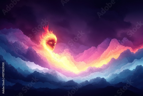 Fiery Woman s Face in Colorful Dreamlike Landscape photo