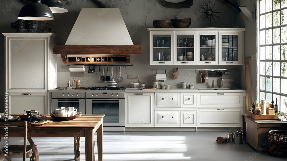 Modern white kitchen with wooden accents and stainless steel appliances. Modern white kitchen with wooden accents and stainless steel appliances.
