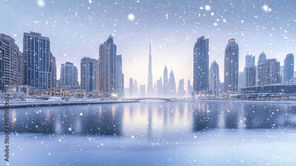 Fototapeta premium The snow-covered skyline of Dubai captured in a realistic winter