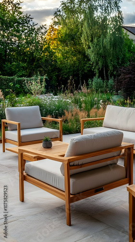 Modern wooden patio furniture with white cushions on a patio.