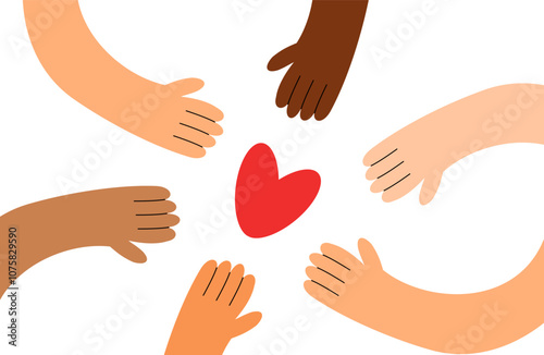 Heart and hands of different skin tones of multiethnic races. Multiracial people. Flat vector illustration