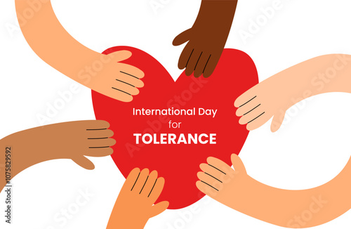 International Day for Tolerance. Heart and hands of different skin tones of multiethnic races. Multiracial people. Flat vector illustration
