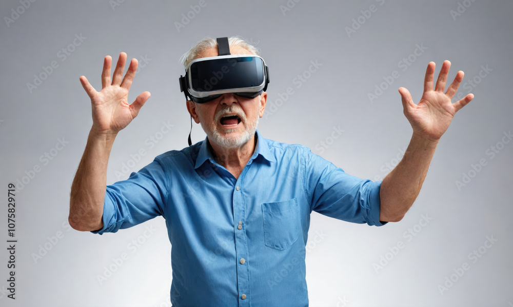 An older man wearing a virtual reality headset looks surprised and raises both his hands while experiencing VR An older man wearing a virtual reality headset looks surprised and raises both his hands while experiencing VR