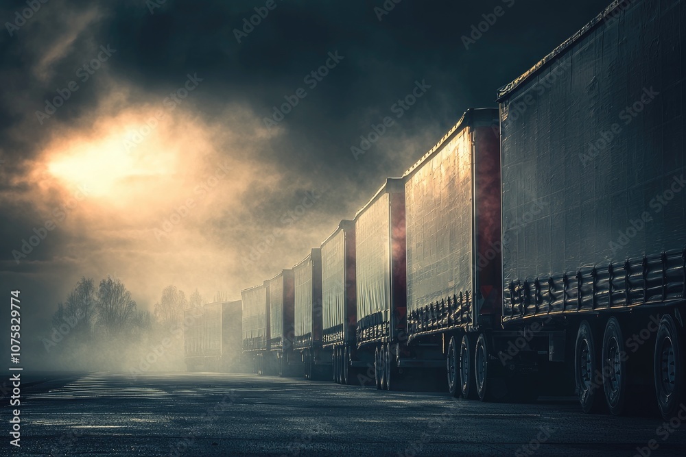Obraz premium Foggy Roadway with Line of Trucks Under Dramatic Sky, A Haunting Scene of Freight Vehicles on a Misty Morning with Soft Sunlight Breaking Through Clouds