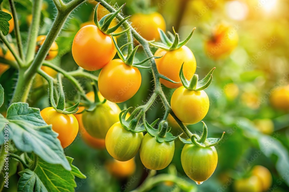 A healthy tomato plant with yellow flowers and fruit hanging from the branches, blossoming, fruiting, plant growth, tomato plant A healthy tomato plant with yellow flowers and fruit hanging from the branches, blossoming, fruiting, plant growth, tomato plant