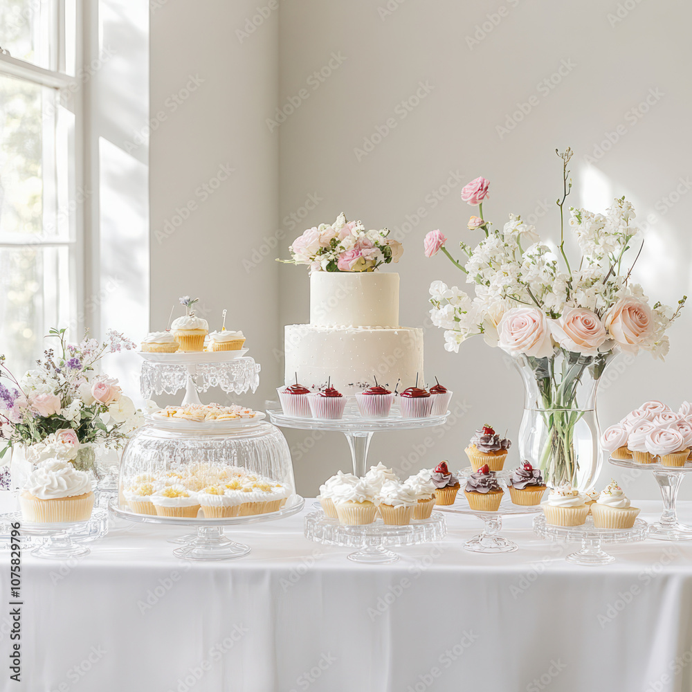 the white table with many cakes set up display 