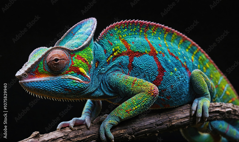 Fototapeta premium A vibrant chameleon perches on a branch, its scales shimmering with blue, green, and red hues