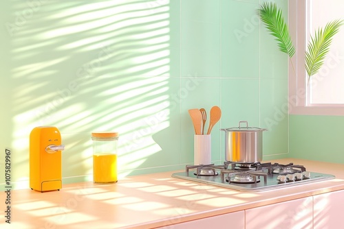Modern Kitchen with Gas Stove on Sleek Worktop