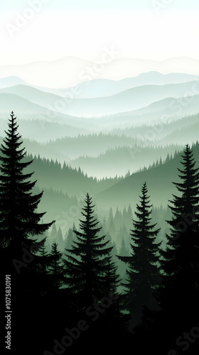 Silhouette of pine trees in front of a misty mountain range.