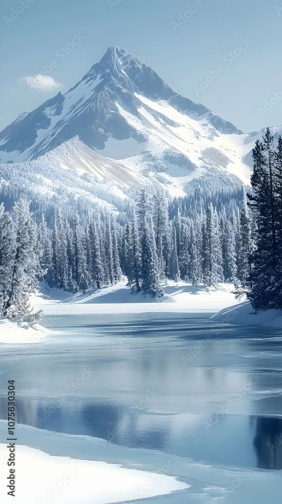 Snowy mountain peak reflected in a frozen lake, with a forest of snow-covered trees in the foreground. Snowy mountain peak reflected in a frozen lake, with a forest of snow-covered trees in the foreground.