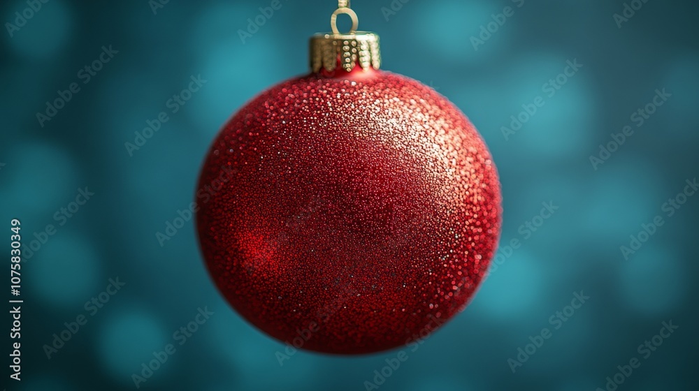 Red Christmas ornament with glitter texture on blue background. Holiday decoration and festive season concept Red Christmas ornament with glitter texture on blue background. Holiday decoration and festive season concept