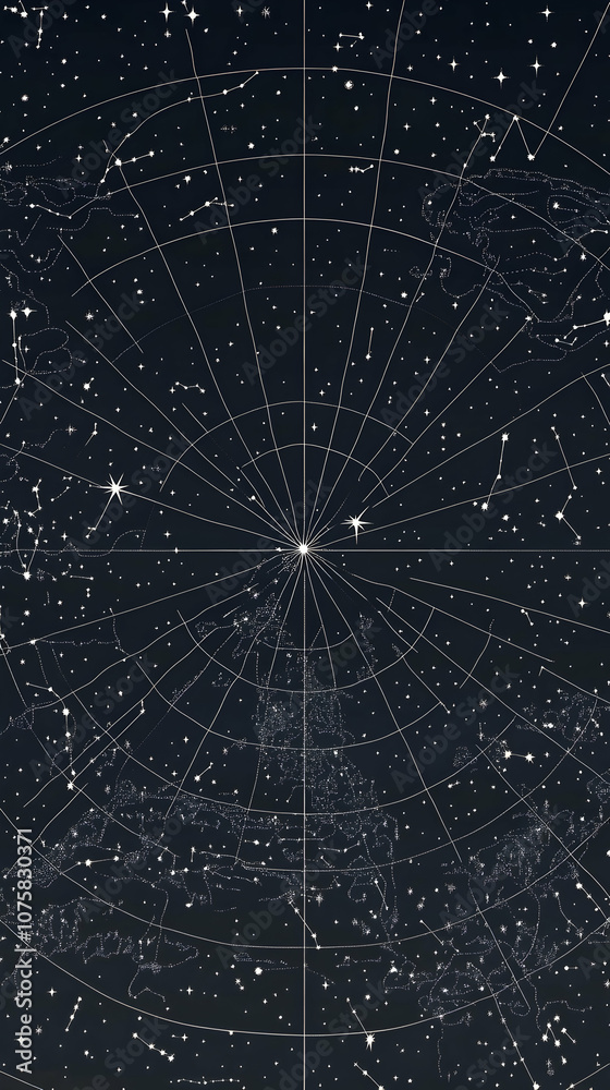 Fototapeta premium Starry night sky with constellations and grid lines, celestial map, cosmic, astronomy.