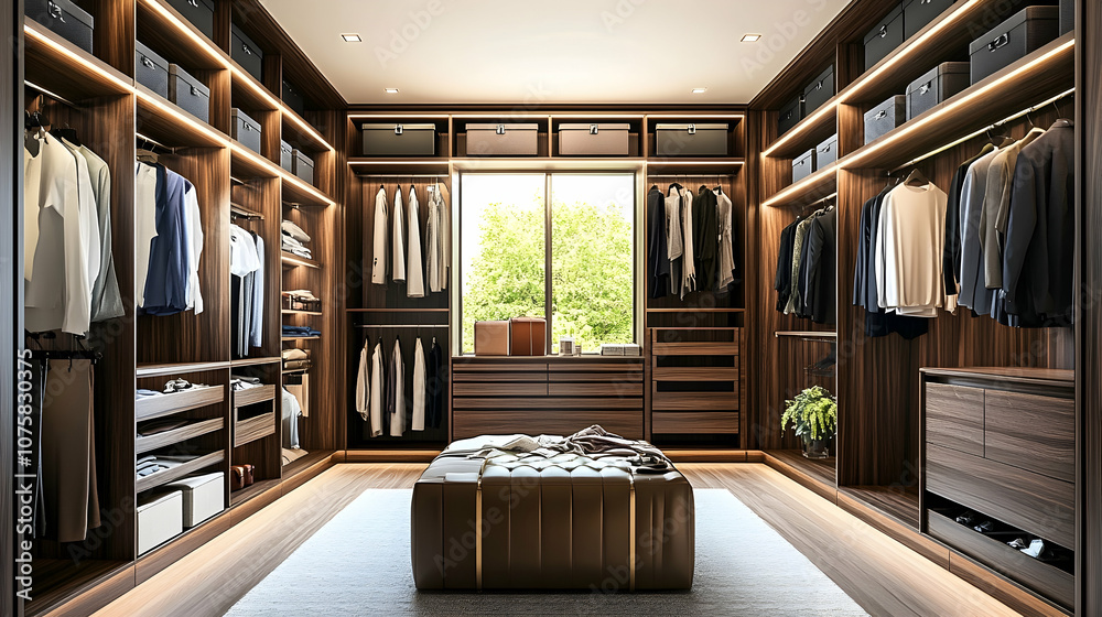 Spacious walk-in closet with wooden shelves, drawers, and a leather ottoman in the center.