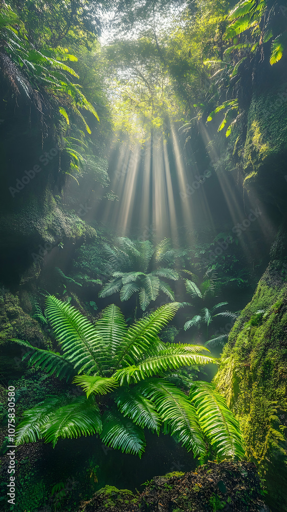 Sunbeams pierce through the dense foliage of a lush rainforest, illuminating the ferns and mossy rocks. Sunbeams pierce through the dense foliage of a lush rainforest, illuminating the ferns and mossy rocks.