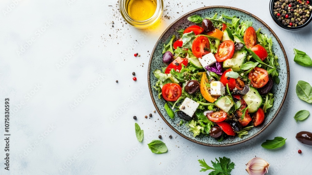 fresh greek salad with vegetables and feta on white background, healthy eating concept fresh greek salad with vegetables and feta on white background, healthy eating concept