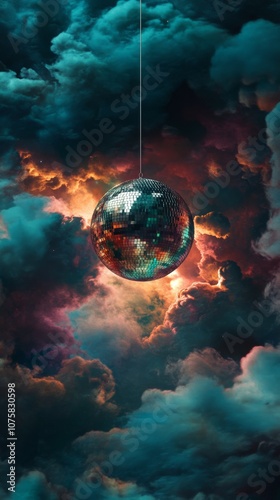 disco ball suspended in colorful cloudy sky, surreal scene. dreamlike atmosphere and artistic concept