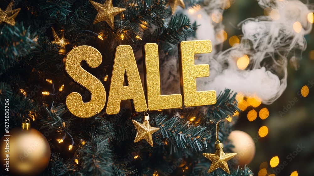 Christmas tree with sale sign and decorations, festive holiday shopping concept
