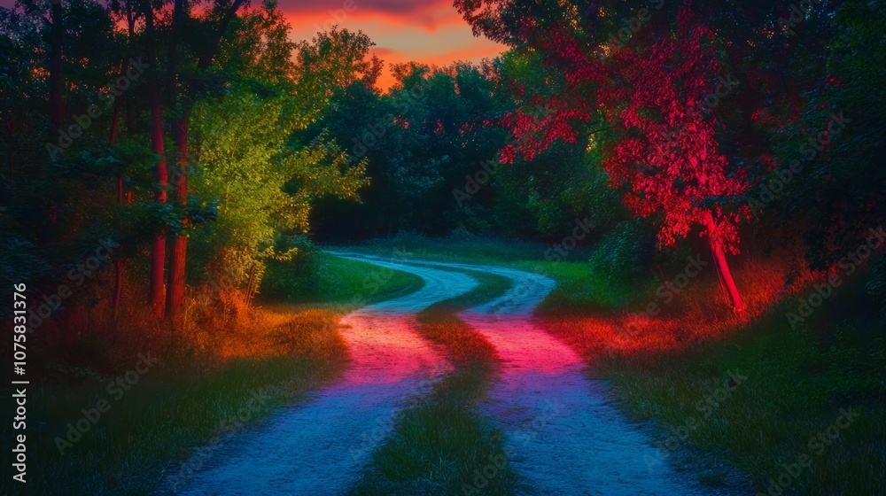 Naklejka premium A winding forest path at sunset, vibrant colors. Nature and tranquility concept