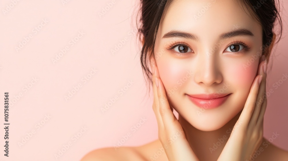 Close-up of an East Asian woman with clear skin, smiling softly, hands gently touching her cheeks, minimal background, bare shoulders, soft light. Close-up of an East Asian woman with clear skin, smiling softly, hands gently touching her cheeks, minimal background, bare shoulders, soft light.