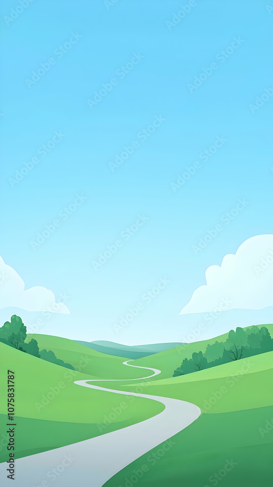 Winding road through a grassy valley, leading to a clear blue sky with white clouds. Winding road through a grassy valley, leading to a clear blue sky with white clouds.