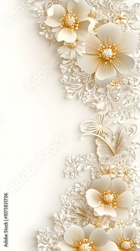 White and gold floral border with a butterfly on a white background.