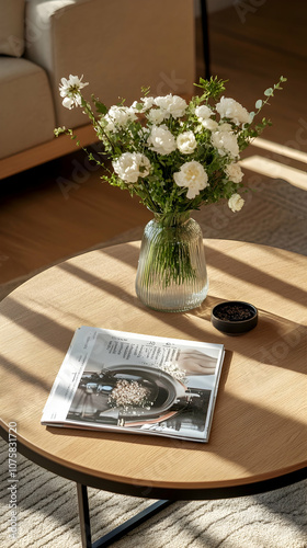White flowers in a glass vase on a wooden coffee table with a magazine and a black tray.