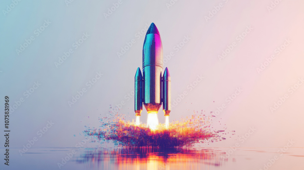 Digital illustration of a futuristic rocket launch with pixelated effects and colorful atmosphere Digital illustration of a futuristic rocket launch with pixelated effects and colorful atmosphere