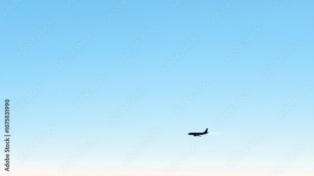 Airplane silhouette against clear blue sky, minimalistic scenery. Adventure and travel concept Airplane silhouette against clear blue sky, minimalistic scenery. Adventure and travel concept