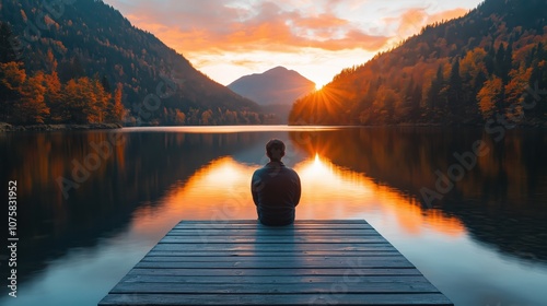 Fototapeta Naklejka Na Ścianę i Meble -  Serene autumn sunrise over a mountain lake with a man sitting on a dock