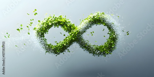 Green leaves and water drops forming the shape of an infinity symbol, carbon neutrality, environmental protection, green living, lifestyle, business, wallpaper, poster, advertising, media, marketing
