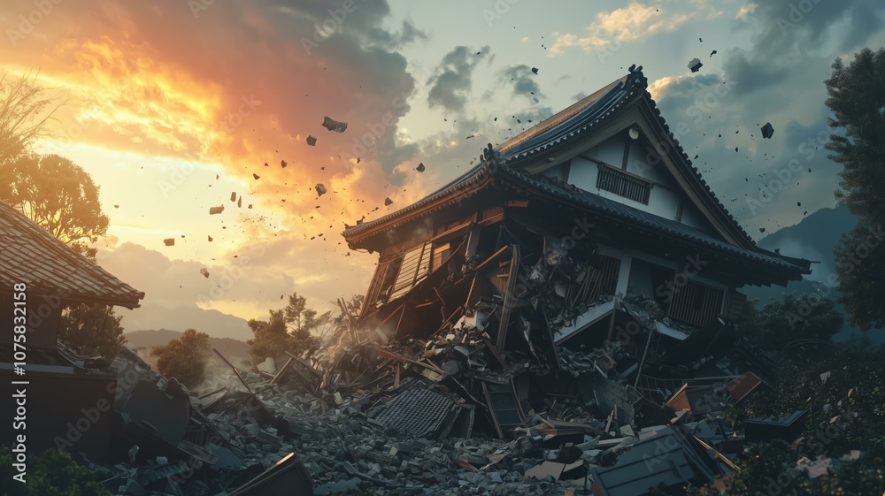 Fototapeta premium 巨大地震による日本家屋の倒壊