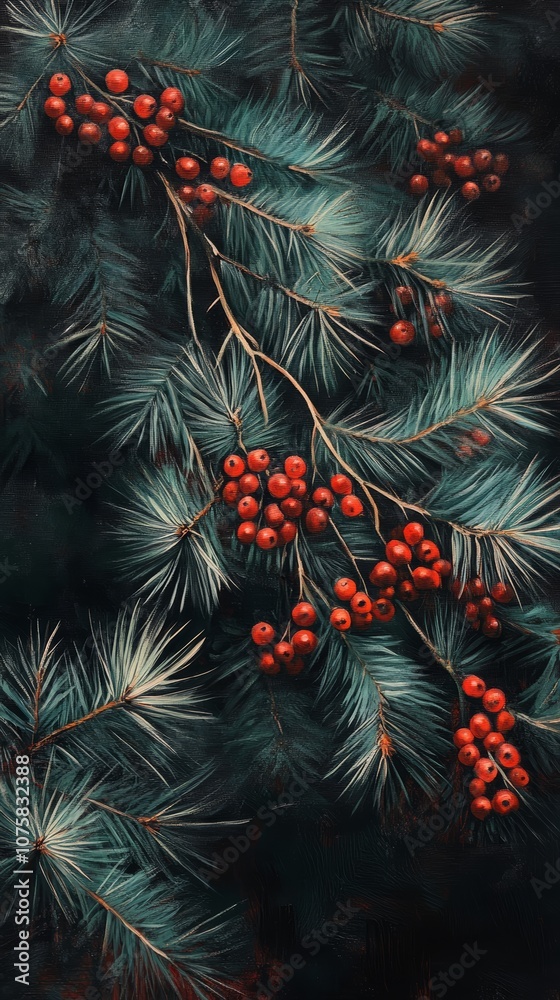 Pine branches with red berries, festive botanical art, winter inspiration concept Pine branches with red berries, festive botanical art, winter inspiration concept