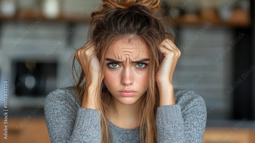 Frustrated young woman holding her head in distress in a cozy home setting Frustrated young woman holding her head in distress in a cozy home setting